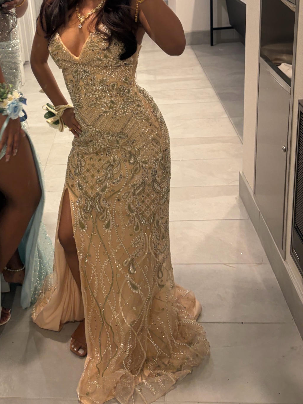 Beaded Champagne Prom Dress With V-Neck & Side Slit
